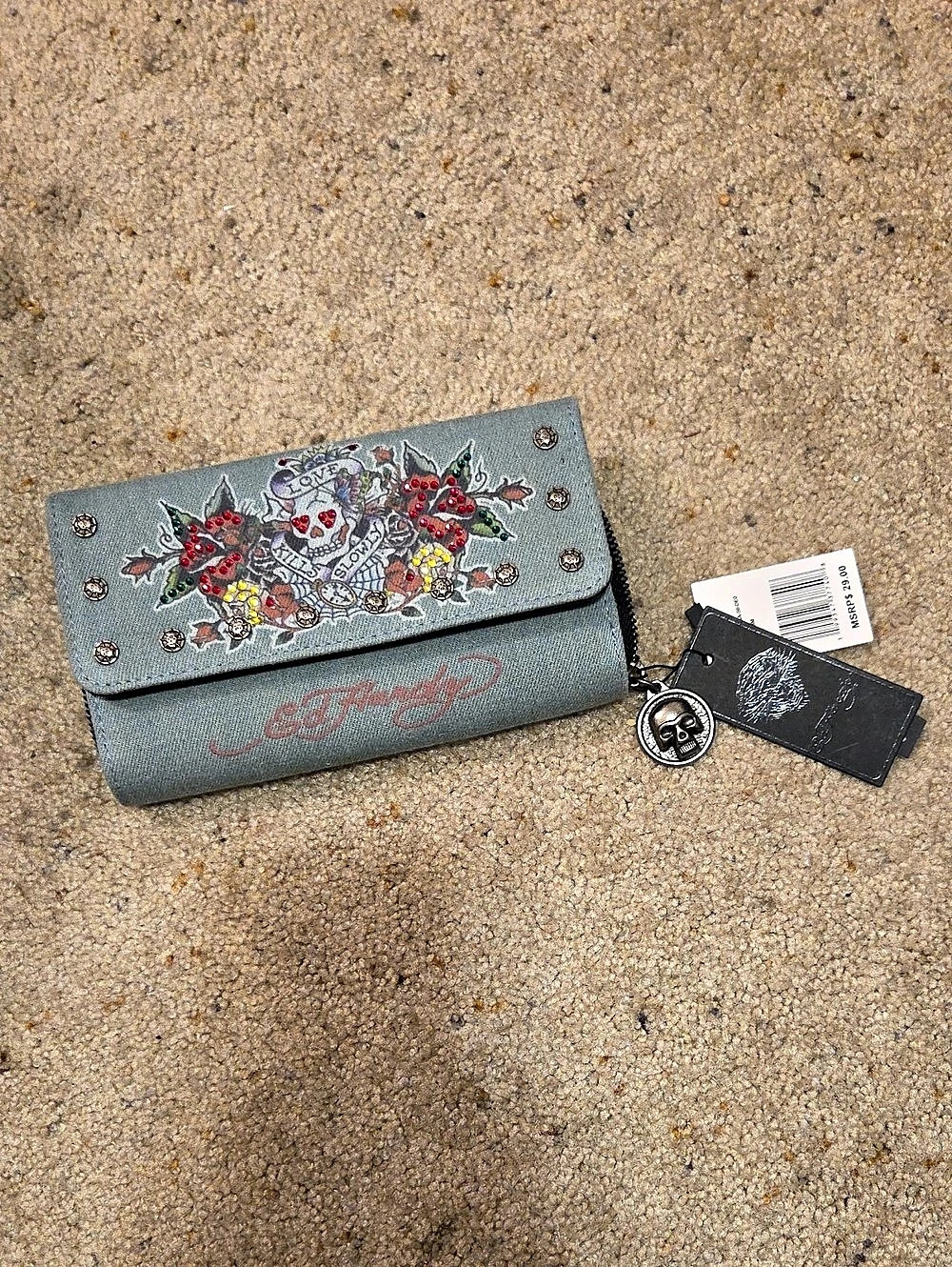 Ed Hardy Zip Around Wallet in Denim Blue NWT